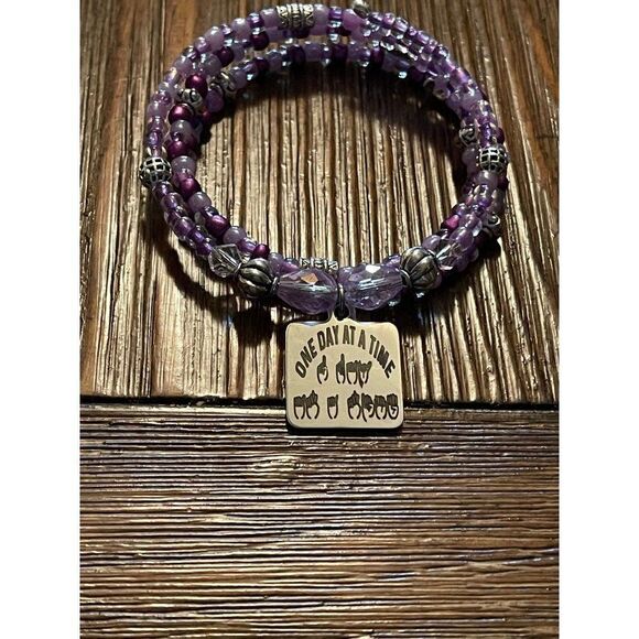 Hand made Purple beaded wrap charm bracelet, sign language bracelet, Memory wire - Picture 1 of 4